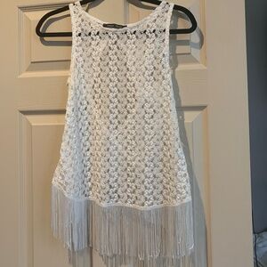 Sweet Rain Cream Open Weave Fringed Sleeveless Top sz S
